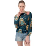 Seamless Pattern Owls Dreaming Banded Bottom Chiffon Top
