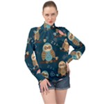 Seamless Pattern Owls Dreaming High Neck Long Sleeve Chiffon Top