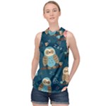 Seamless Pattern Owls Dreaming High Neck Satin Top