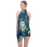Seamless Pattern Owls Dreaming Halter Asymmetric Satin Top