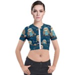 Seamless Pattern Owls Dreaming Short Sleeve Cropped Jacket