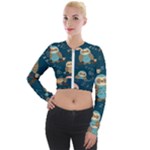 Seamless Pattern Owls Dreaming Long Sleeve Cropped Velvet Jacket