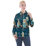 Seamless Pattern Owls Dreaming Women s Long Sleeve Pocket Shirt