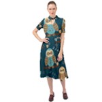 Seamless Pattern Owls Dreaming Keyhole Neckline Chiffon Dress