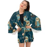 Seamless Pattern Owls Dreaming Long Sleeve Kimono