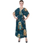 Seamless Pattern Owls Dreaming V-Neck Boho Style Maxi Dress