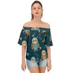 Seamless Pattern Owls Dreaming Off Shoulder Short Sleeve Top