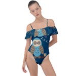 Seamless Pattern Owls Dreaming Frill Detail One Piece Swimsuit