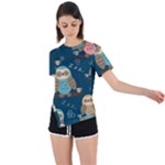 Seamless Pattern Owls Dreaming Asymmetrical Short Sleeve Sports T-Shirt
