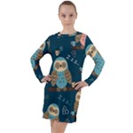 Seamless Pattern Owls Dreaming Long Sleeve Hoodie Dress