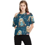 Seamless Pattern Owls Dreaming One Shoulder Cut Out T-Shirt
