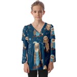Seamless Pattern Owls Dreaming Kids  V Neck Casual Top