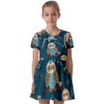 Seamless Pattern Owls Dreaming Kids  Short Sleeve Pinafore Style Dress