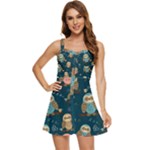 Seamless Pattern Owls Dreaming Ruffle Edge Bra Cup Chiffon Mini Dress