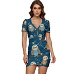 Seamless Pattern Owls Dreaming Low Cut Cap Sleeve Mini Dress