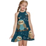 Seamless Pattern Owls Dreaming Kids  Halter Collar Waist Tie Chiffon Dress