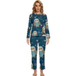 Seamless Pattern Owls Dreaming Womens  Long Sleeve Lightweight Pajamas Set
