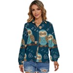 Seamless Pattern Owls Dreaming Women s Long Sleeve Button Up Shirt