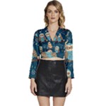 Seamless Pattern Owls Dreaming Long Sleeve Tie Back Satin Wrap Top