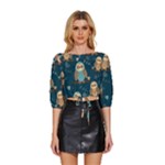 Seamless Pattern Owls Dreaming Mid Sleeve Drawstring Hem Top