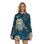 Seamless Pattern Owls Dreaming Round Neck Long Sleeve Bohemian Style Chiffon Mini Dress