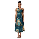 Seamless Pattern Owls Dreaming Sleeveless Cross Front Cocktail Midi Chiffon Dress