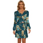 Seamless Pattern Owls Dreaming Long Sleeve Waist Tie Ruffle Velvet Dress