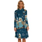 Seamless Pattern Owls Dreaming Long Sleeve Shirt Collar A-Line Dress