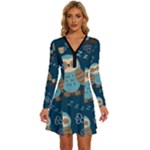 Seamless Pattern Owls Dreaming Long Sleeve Deep V Mini Dress 