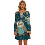 Seamless Pattern Owls Dreaming Long Sleeve Wide Neck Velvet Dress