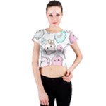 Cute Doodle Cartoon Seamless Pattern Crew Neck Crop Top