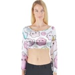 Cute Doodle Cartoon Seamless Pattern Long Sleeve Crop Top