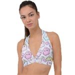 Cute Doodle Cartoon Seamless Pattern Halter Plunge Bikini Top