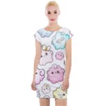 Cute Doodle Cartoon Seamless Pattern Cap Sleeve Bodycon Dress