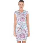 Cute Doodle Cartoon Seamless Pattern Capsleeve Drawstring Dress 