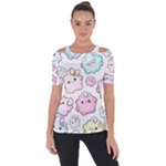 Cute Doodle Cartoon Seamless Pattern Shoulder Cut Out Short Sleeve Top