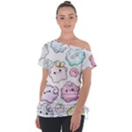 Cute Doodle Cartoon Seamless Pattern Off Shoulder Tie-Up T-Shirt
