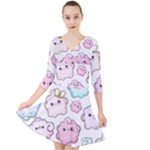 Cute Doodle Cartoon Seamless Pattern Quarter Sleeve Front Wrap Dress