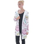 Cute Doodle Cartoon Seamless Pattern Longline Hooded Cardigan