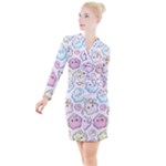 Cute Doodle Cartoon Seamless Pattern Button Long Sleeve Dress