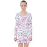 Cute Doodle Cartoon Seamless Pattern V-neck Bodycon Long Sleeve Dress