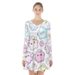 Cute Doodle Cartoon Seamless Pattern Long Sleeve Velvet V-neck Dress