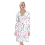 Cute Doodle Cartoon Seamless Pattern Long Sleeve Velvet Front Wrap Dress