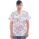 Cute Doodle Cartoon Seamless Pattern Men s V-Neck Scrub Top