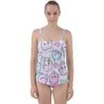 Cute Doodle Cartoon Seamless Pattern Twist Front Tankini Set