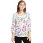 Cute Doodle Cartoon Seamless Pattern Chiffon Quarter Sleeve Blouse
