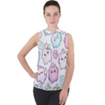 Cute Doodle Cartoon Seamless Pattern Mock Neck Chiffon Sleeveless Top