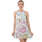 Cute Doodle Cartoon Seamless Pattern Halter Tie Back Chiffon Dress
