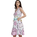 Cute Doodle Cartoon Seamless Pattern Sleeveless V-Neck Skater Dress with Pockets