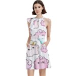 Cute Doodle Cartoon Seamless Pattern Cocktail Party Halter Sleeveless Dress With Pockets